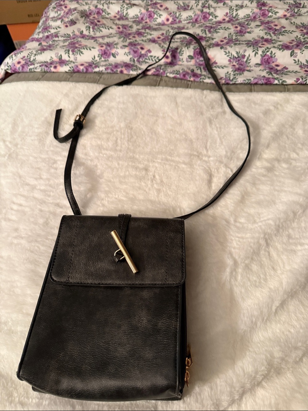 Black Crossbody Bag with Gold Tone Bar
